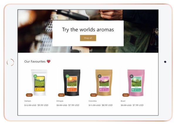 ipad showing responsive store  layout of Shopify Coffee store